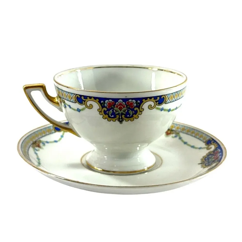 Thomas Bavaria Demitasse Cup & Saucer Blue Floral Gold Trim German Porcelain
